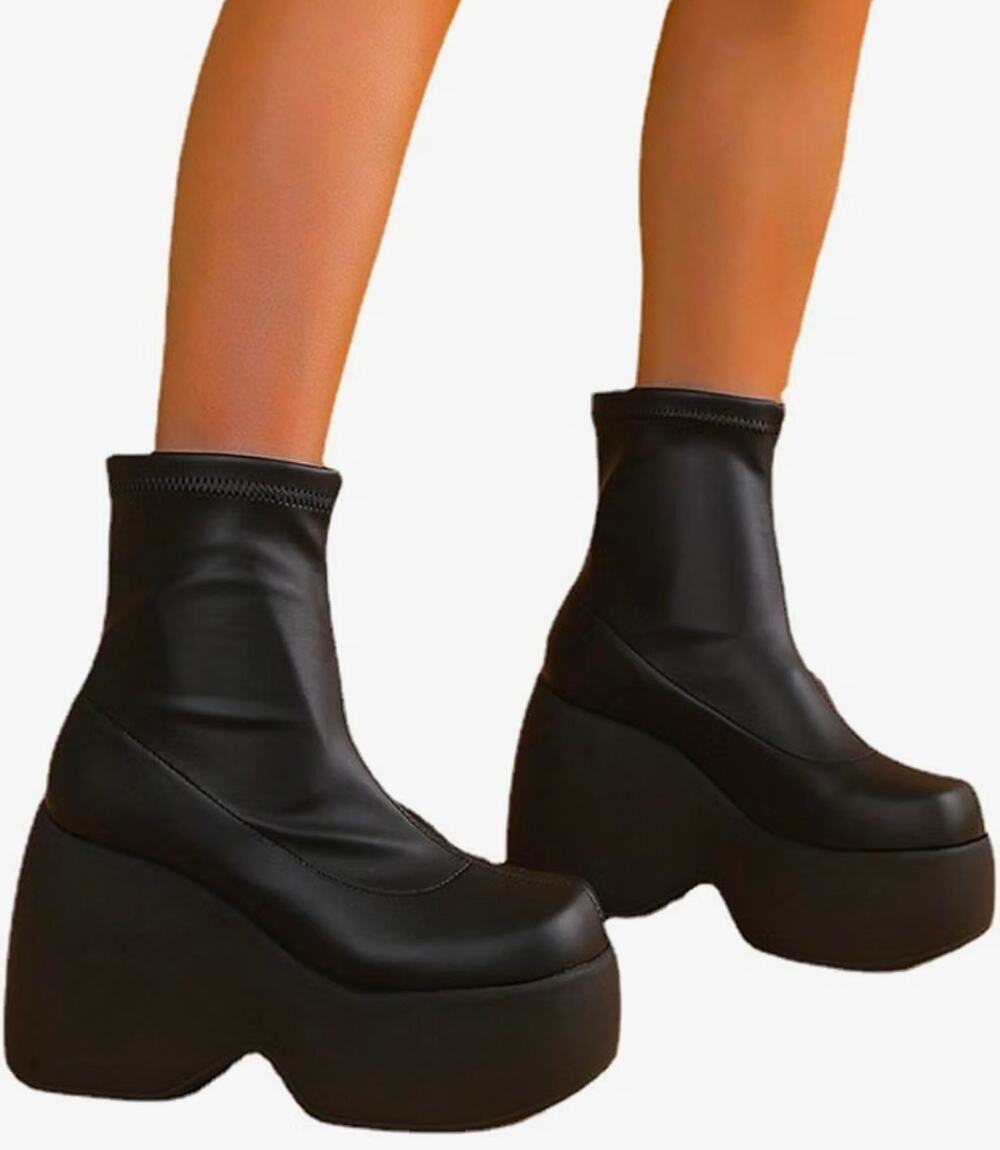 Black Chunky Platform Sock Boots 7.5 EU 38 Sculptural Wedge Ankle Boots